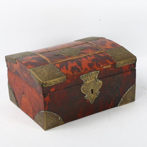 75 - 19th century tortoiseshell and brass-mounted jewel casket, engraved brass mounts, 22cm x 16cm x 11cm