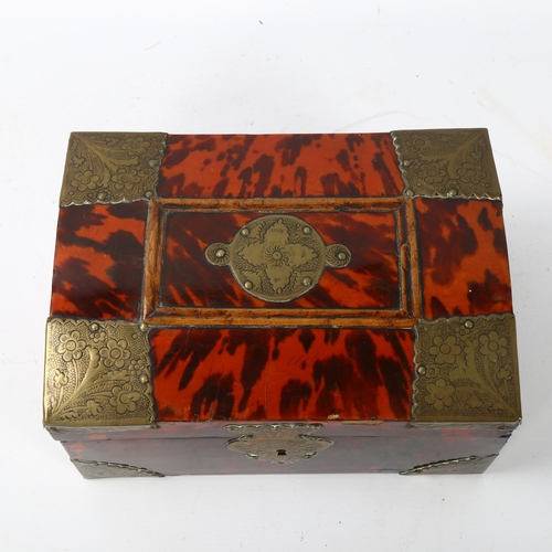 75 - 19th century tortoiseshell and brass-mounted jewel casket, engraved brass mounts, 22cm x 16cm x 11cm