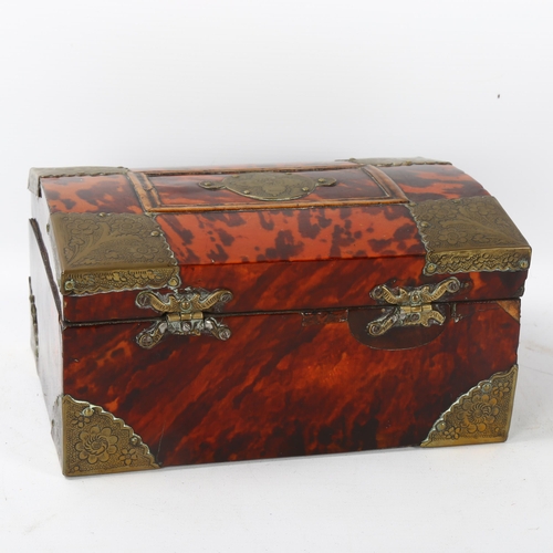 75 - 19th century tortoiseshell and brass-mounted jewel casket, engraved brass mounts, 22cm x 16cm x 11cm