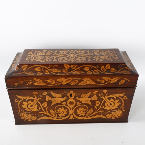 77 - 19th century rosewood and boxwood marquetry inlaid sarcophagus-shaped tea caddy, length 36.5cm