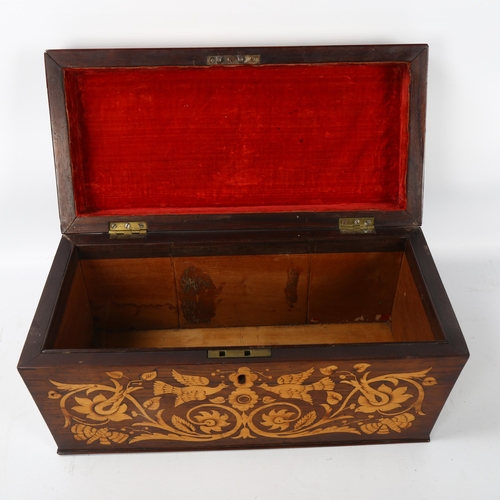 77 - 19th century rosewood and boxwood marquetry inlaid sarcophagus-shaped tea caddy, length 36.5cm