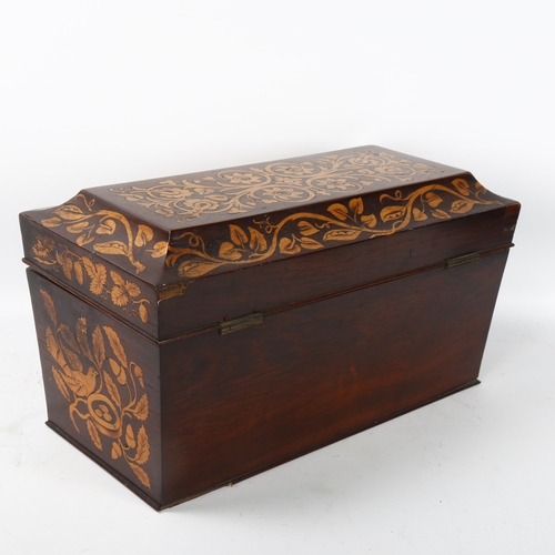 77 - 19th century rosewood and boxwood marquetry inlaid sarcophagus-shaped tea caddy, length 36.5cm