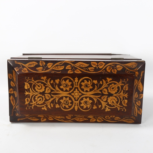 77 - 19th century rosewood and boxwood marquetry inlaid sarcophagus-shaped tea caddy, length 36.5cm