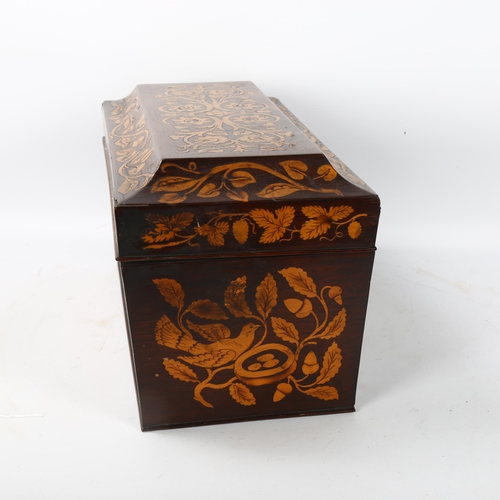 77 - 19th century rosewood and boxwood marquetry inlaid sarcophagus-shaped tea caddy, length 36.5cm