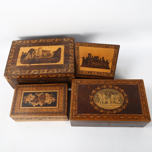 79 - 4 x 19th century Tunbridge Ware boxes, including small stationery box depicting Eridge Castle, width... 