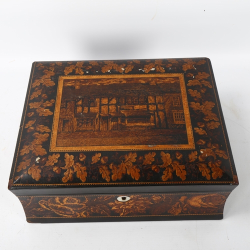 80 - 19th century Tunbridge Ware sewing box, micro-mosaic hinged lid depicting timber-framed buildings, c... 