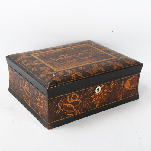 80 - 19th century Tunbridge Ware sewing box, micro-mosaic hinged lid depicting timber-framed buildings, c... 