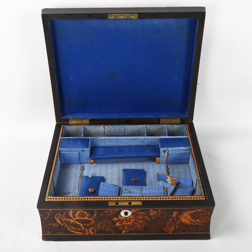 80 - 19th century Tunbridge Ware sewing box, micro-mosaic hinged lid depicting timber-framed buildings, c... 