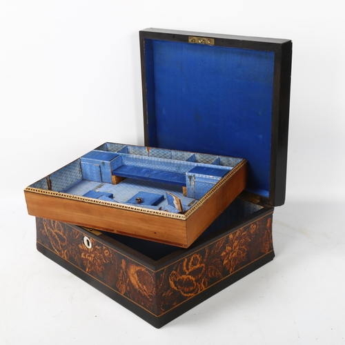 80 - 19th century Tunbridge Ware sewing box, micro-mosaic hinged lid depicting timber-framed buildings, c... 