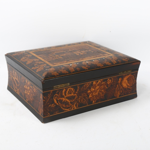 80 - 19th century Tunbridge Ware sewing box, micro-mosaic hinged lid depicting timber-framed buildings, c... 