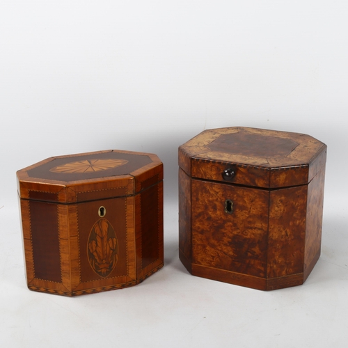 83 - 2 x 18th century tea caddies, comprising a burr-walnut caddy with canted corners, height 13cm, width... 