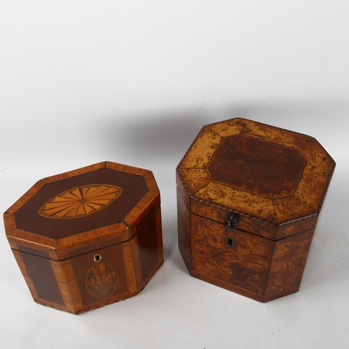 83 - 2 x 18th century tea caddies, comprising a burr-walnut caddy with canted corners, height 13cm, width... 