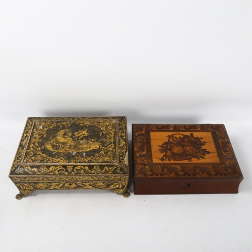 84 - 2 Regency penwork boxes, 1 with Classical design on brass lion paw feet, width 26cm, the other with ... 