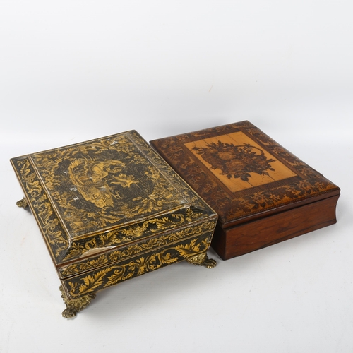 84 - 2 Regency penwork boxes, 1 with Classical design on brass lion paw feet, width 26cm, the other with ... 