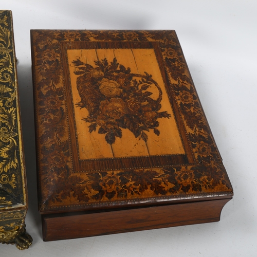 84 - 2 Regency penwork boxes, 1 with Classical design on brass lion paw feet, width 26cm, the other with ... 