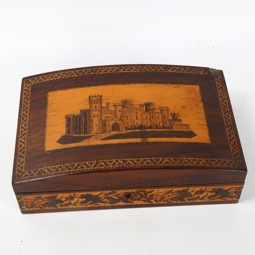 88 - 19th century Tunbridge Ware dome-top sewing box, the micro-mosaic lid depicting Eridge Castle, flora... 