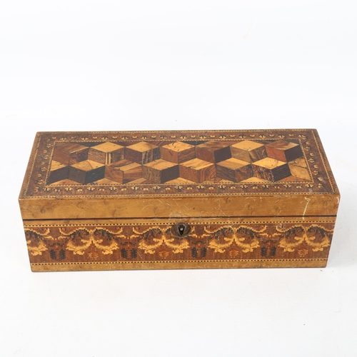 89 - 19th century Tunbridge Ware sewing box, cube parquetry decorated lid and floral micro-mosaic sides, ... 