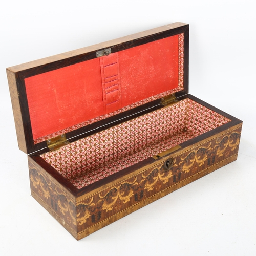 89 - 19th century Tunbridge Ware sewing box, cube parquetry decorated lid and floral micro-mosaic sides, ... 