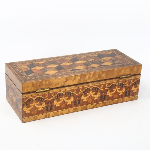 89 - 19th century Tunbridge Ware sewing box, cube parquetry decorated lid and floral micro-mosaic sides, ... 