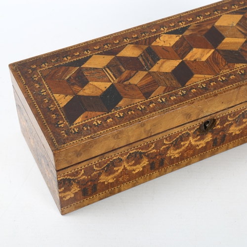 89 - 19th century Tunbridge Ware sewing box, cube parquetry decorated lid and floral micro-mosaic sides, ... 