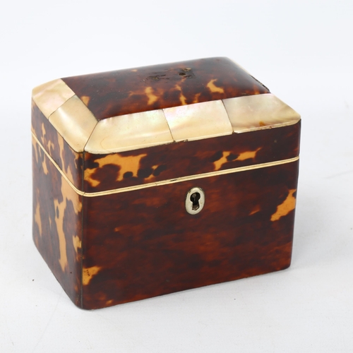 90 - A 19th century tortoiseshell and mother-of-pearl tea caddy of small size, with 2 inner lids, 11cm x ... 