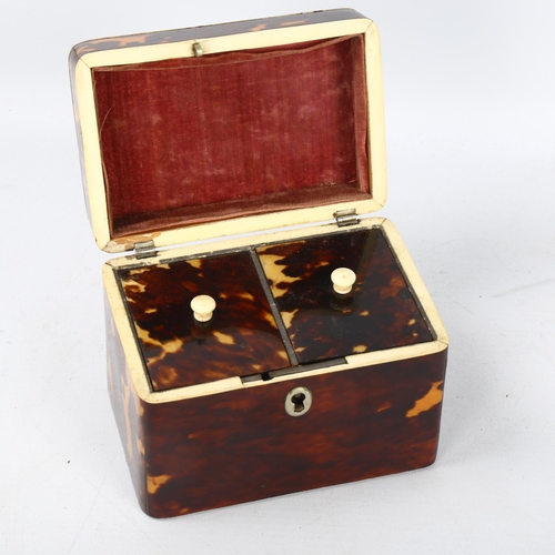 90 - A 19th century tortoiseshell and mother-of-pearl tea caddy of small size, with 2 inner lids, 11cm x ... 