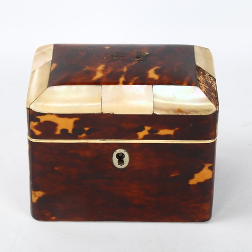 90 - A 19th century tortoiseshell and mother-of-pearl tea caddy of small size, with 2 inner lids, 11cm x ... 