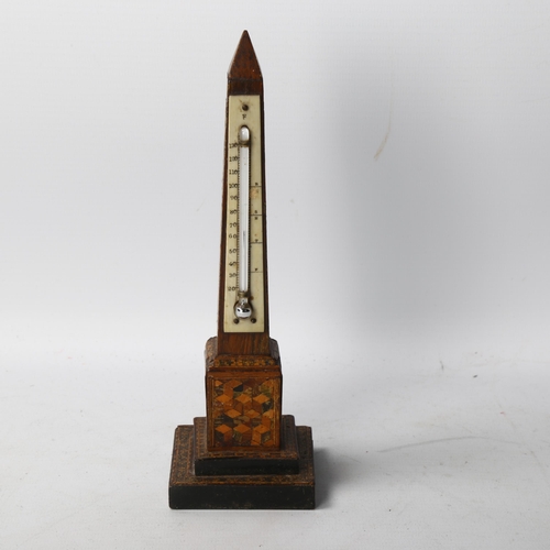 91 - 19th century Tunbridge Ware obelisk-shaped desk thermometer, height 19.5cm