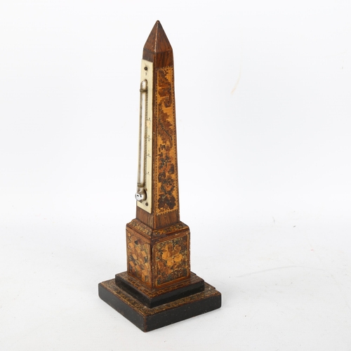 91 - 19th century Tunbridge Ware obelisk-shaped desk thermometer, height 19.5cm