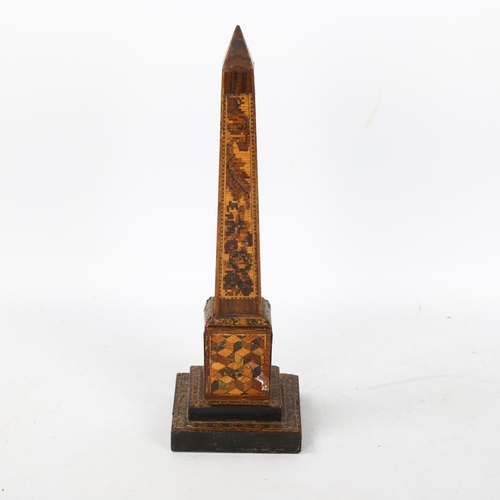 91 - 19th century Tunbridge Ware obelisk-shaped desk thermometer, height 19.5cm