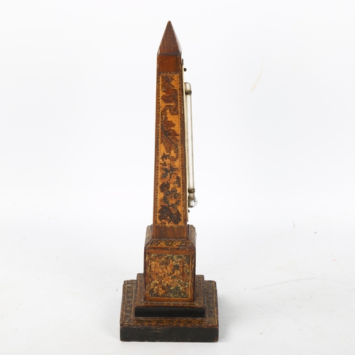 91 - 19th century Tunbridge Ware obelisk-shaped desk thermometer, height 19.5cm