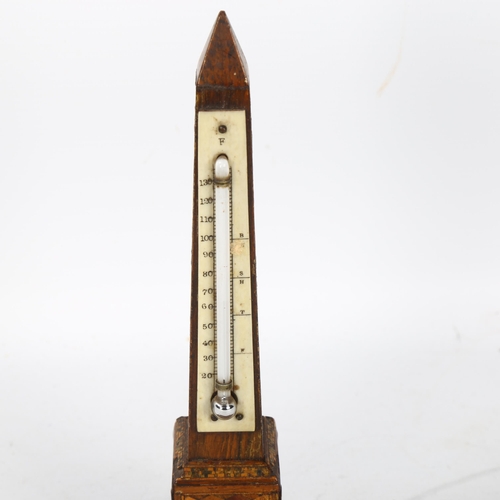 91 - 19th century Tunbridge Ware obelisk-shaped desk thermometer, height 19.5cm