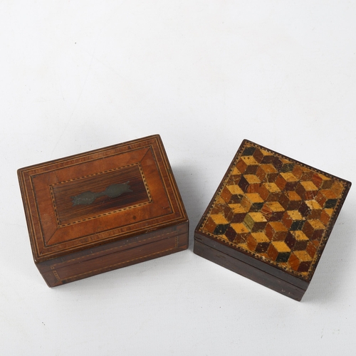 92 - A small 19th century square Tunbridge Ware box, with cube parquetry decorated lid, 7cm x 7cm x 3cm, ... 