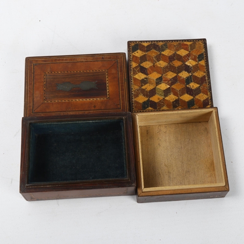 92 - A small 19th century square Tunbridge Ware box, with cube parquetry decorated lid, 7cm x 7cm x 3cm, ... 