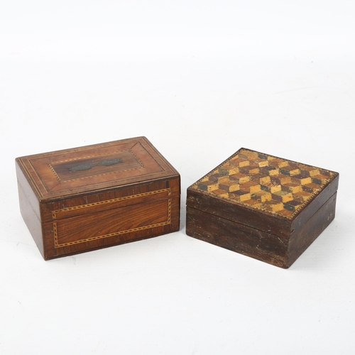 92 - A small 19th century square Tunbridge Ware box, with cube parquetry decorated lid, 7cm x 7cm x 3cm, ... 