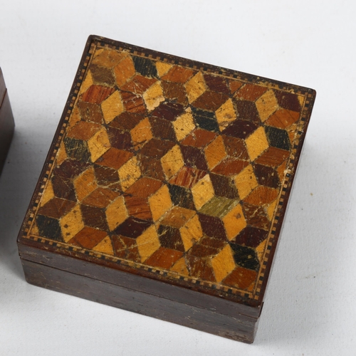 92 - A small 19th century square Tunbridge Ware box, with cube parquetry decorated lid, 7cm x 7cm x 3cm, ... 