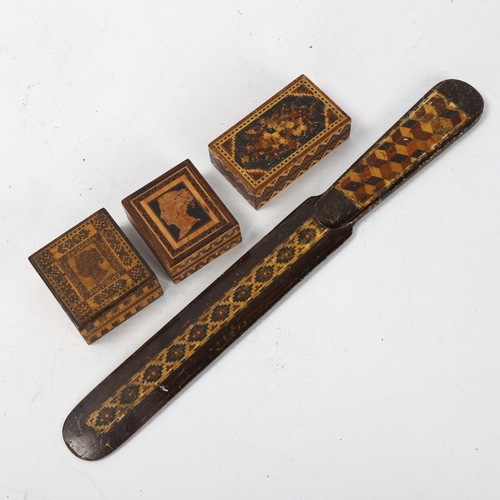 96 - 2 x 19th century Tunbridge Ware stamp boxes, a miniature Tunbridge Ware matchbox and Tunbridge Ware ... 