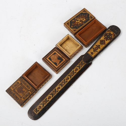 96 - 2 x 19th century Tunbridge Ware stamp boxes, a miniature Tunbridge Ware matchbox and Tunbridge Ware ... 