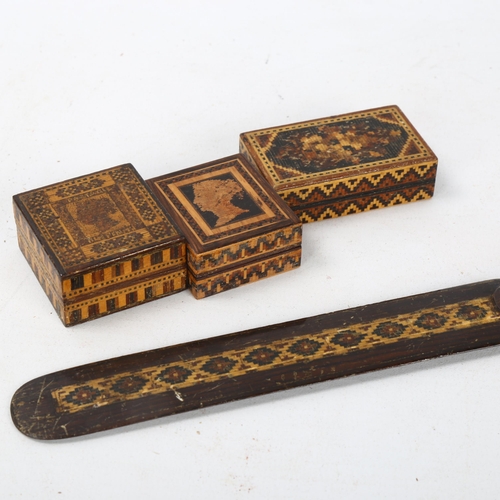 96 - 2 x 19th century Tunbridge Ware stamp boxes, a miniature Tunbridge Ware matchbox and Tunbridge Ware ... 