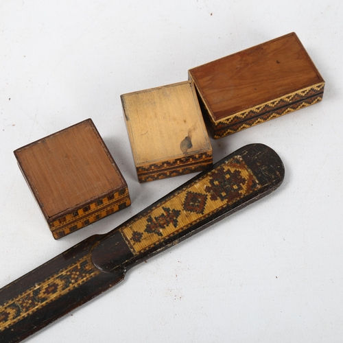 96 - 2 x 19th century Tunbridge Ware stamp boxes, a miniature Tunbridge Ware matchbox and Tunbridge Ware ... 