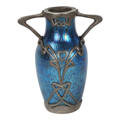 124 - Loetz iridescent glass vase with stylised pewter mounts, height 14cm