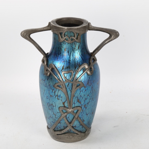 124 - Loetz iridescent glass vase with stylised pewter mounts, height 14cm