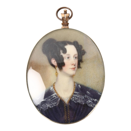 128 - 19th century miniature watercolour on ivory, head and shoulders portrait of a woman, unsigned, unmar... 