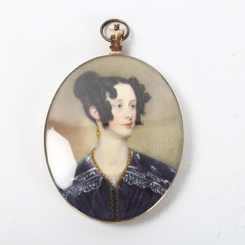 128 - 19th century miniature watercolour on ivory, head and shoulders portrait of a woman, unsigned, unmar... 