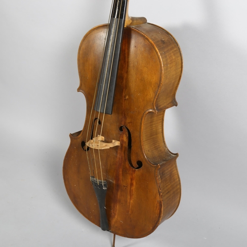 130 - 19th century three-quarter size cello, no maker's marks, body length 65cm