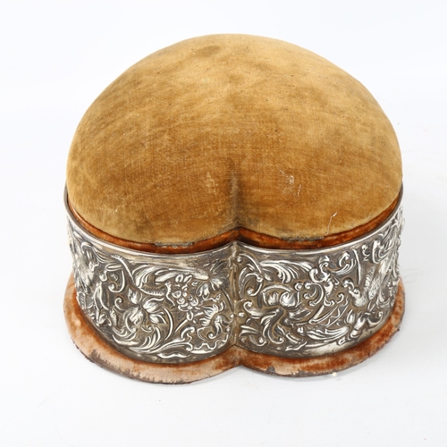 136 - A large Victorian silver-mounted heart-shaped sewing box, with hinged pin cushion lid, relief emboss... 