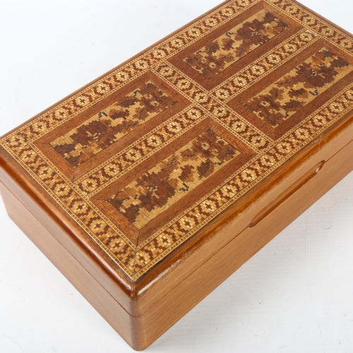 137 - A Tunbridge Ware jewel box, micro-mosaic decorated hinged lid with tray lined interior, made by Len ... 