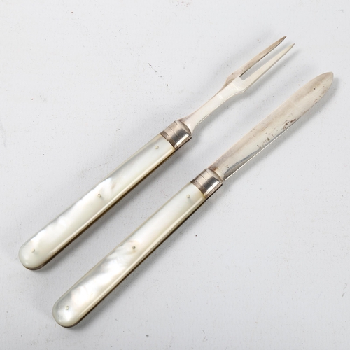 142 - A Victorian folding fruit knife and fork set, both hallmarked Birmingham 1894, maker H&T, mother of ... 