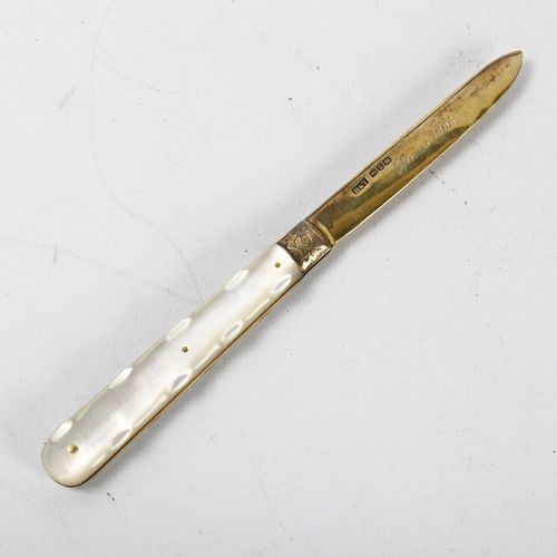 143 - A Victorian folding fruit knife, hallmarked Birmingham 1892, maker H&T, mother of pearl handle, rose... 