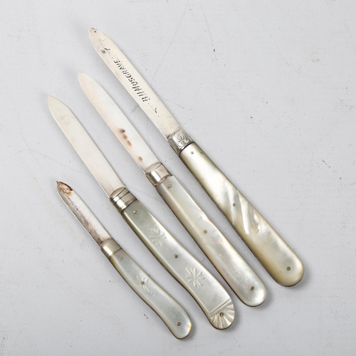 145 - 4 Victorian silver folding fruit knives, all hallmarked, with mother of pearl handles